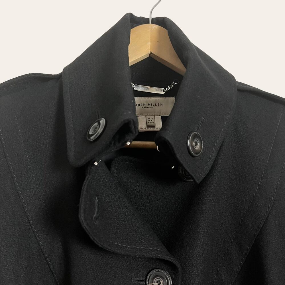 Karen Millen Black Wool Blend Single Breasted Belted Trench Coat Size 8 - Picture 2 of 10